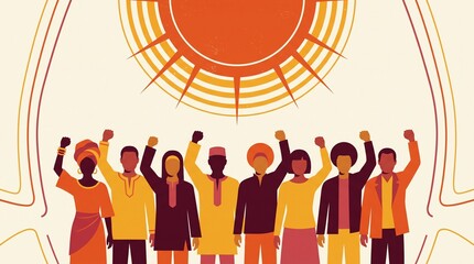 Obraz premium Flat design poster vector illustration of diverse people standing together with raised fists under a radiant sun, symbolizing unity, human rights, and global solidarity