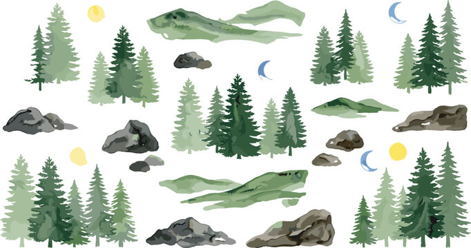 Watercolor Pine Tree and Mountain Forest Landscape Clip Art Vector Set with Green Fir Foliage, Rocks, Sun, and Moon Icons for Outdoor Wilderness Designs