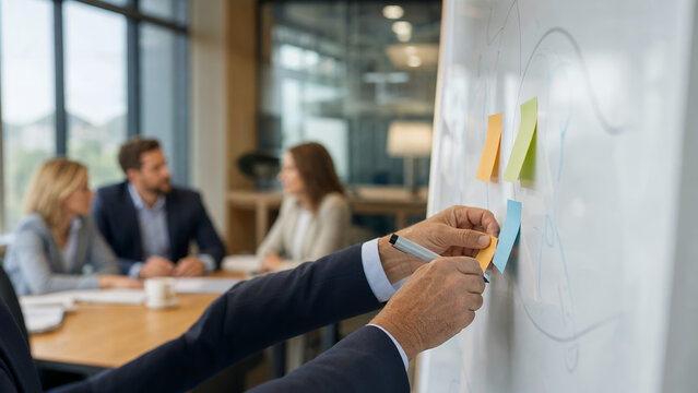 Close up of leadership planning with sticky notes on office whiteboard