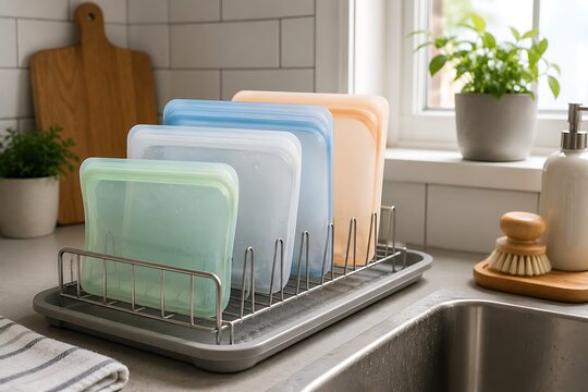 Reusable silicone storage bags on a kitchen counter