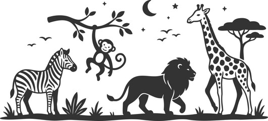 Obraz premium Safari animals in savanna at night with stars