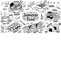 Traditional Japanese Food Hand Drawn Doodle Vector Set with Ramen, Sushi Maki, Nigiri, Onigiri, Dango, and Udon Noodles for Restaurant Menu Graphic Designs © Rafika