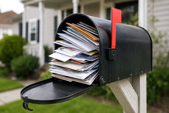 Overflowing mailbox junk mail and bills piling up in suburban neighborhood