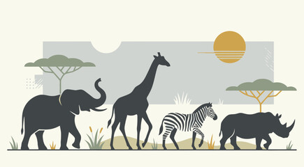 Safari animal silhouette illustration with elephant giraffe and zebra © Vecto_Pixels