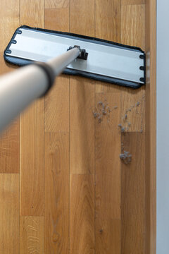 Top view of a flat mop approaching visible dust on a wooden floor