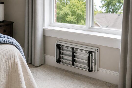 Wall mounted folding drying rack in a modern bedroom setting