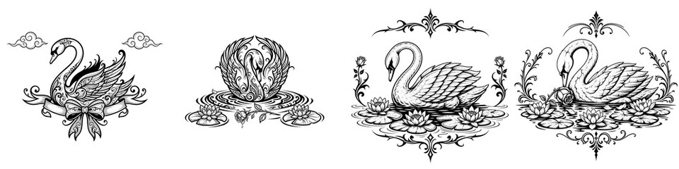Fototapeta premium Elegant swan illustrations in detailed vintage design style 