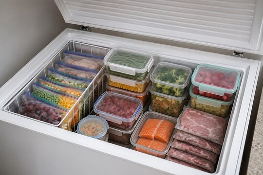 Organized deep freezer with frozen foods for meal prep and long term storage