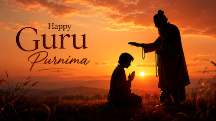 Fototapeta premium Beautiful guru purnima hindu religious festival silhouette showing teacher blessing disciple during sunset landscape with spiritual atmosphere greeting card illustration artwork background design