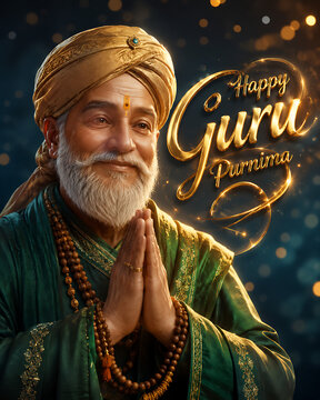 Radiant guru purnima hindu religious festival portrait featuring smiling spiritual master with folded hands golden lettering glowing particles and festive background illustration artwork