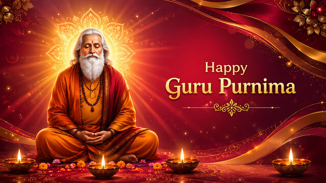 Radiant guru purnima banner with spiritual master meditation and glowing lamps for hindu religious festival celebration greeting background artwork template design illustration concept