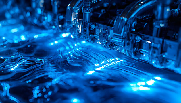 Advanced liquid cooling system with blue fluid circulating in transparent tubes of supercomputer, created with generative ai