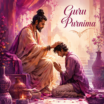 Artistic guru purnima painting showing guru blessing disciple in serene courtyard during hindu religious festival celebration artwork background illustration design poster template scene