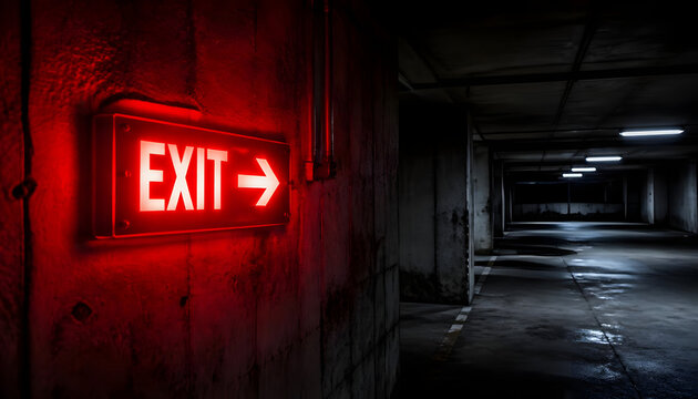 Illuminated EXIT sign glows with a red neon glow, contrasting against aged, stained walls and wet, reflective flooring, created with generative ai
