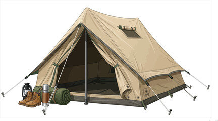 Camping tent with gear. Outdoor adventure setup. © Prism Pulse