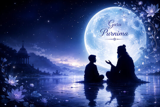 Mystical moonlit guru and disciple silhouette for guru purnima celebration and hindu religious festival with celestial landscape reflections lotus flowers and spiritual wisdom