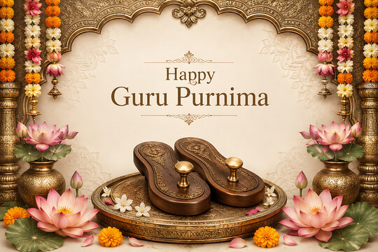 Decorative guru paduka with lotus flowers for guru purnima celebration and hindu religious festival greeting background with ornate temple decor and spirituality theme