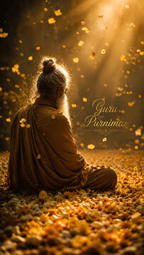 Meditative guru sitting among flower petals for guru purnima celebration and hindu religious festival with spiritual enlightenment and divine atmosphere illustration