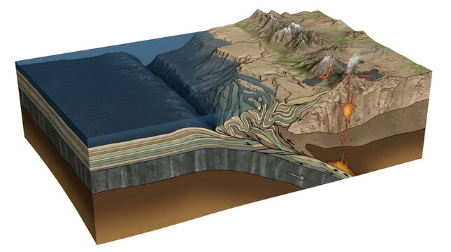 Isolated cross section diagram of oceanic subduction zone showing earth crust layers