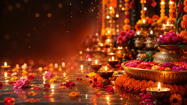 Illuminated floral arrangement with oil lamps for guru purnima celebration and hindu religious festival background featuring traditional ceremonial decorations and ambiance