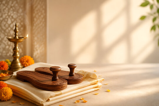 Traditional wooden guru paduka with flowers and lamp for guru purnima celebration and hindu religious festival background with copy space and spiritual atmosphere