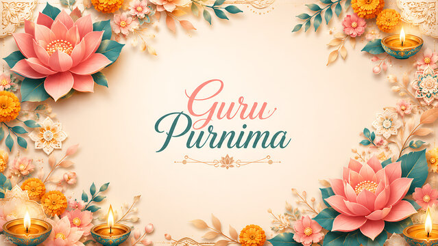 Floral greeting card design for guru purnima celebration hindu religious festival featuring lotus flowers candles ornamental border and soft pastel background template artwork