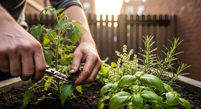 Urban farmer tending small backyard garden sustainable lifestyle home agriculture organic planting and city green living concept.