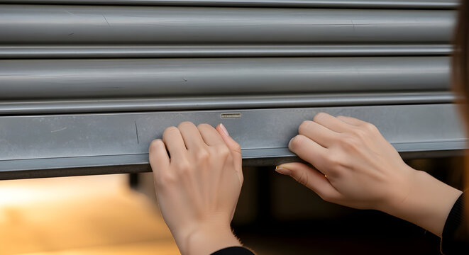 Woman opening shop in the morning lifting metal shutter small business routine entrepreneurship and daily commercial activity scene.