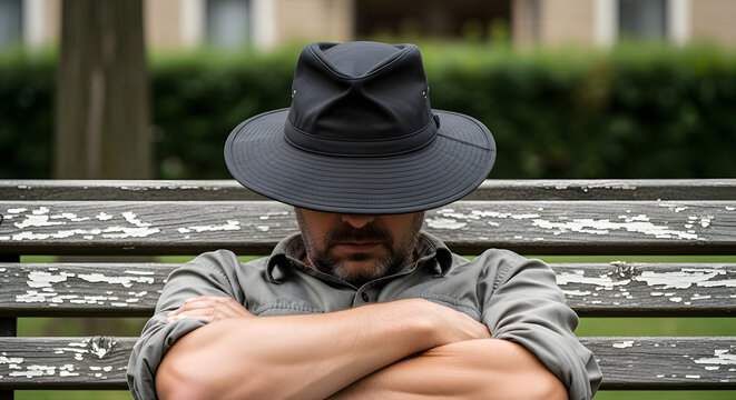 Man resting on park bench with hat covering face relaxation quiet moment urban leisure and peaceful outdoor lifestyle scene.