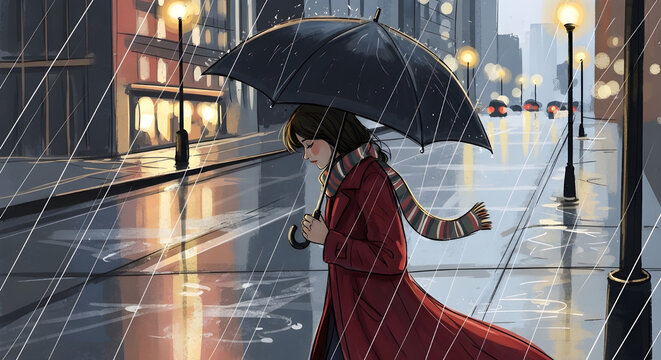 Illustration of woman walking with umbrella on rainy city day urban lifestyle wet streets atmospheric modern city scene.