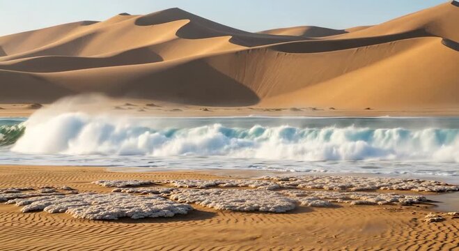 Majestic Ocean Waves Crashing on Desert Sand Dunes.