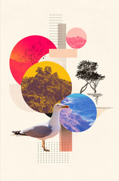 Artistic collage of mountains, sea and sky with a tree, flying birds, symbolizing travel, dreams and freedom.