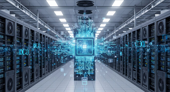 Data center server room with blue digital circuit board background
