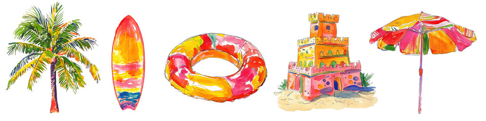 Obraz premium Vibrant beach summer essentials illustration, png set on transparent background