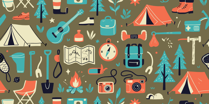 Colorful camping and outdoor adventure icons and objects seamless pattern