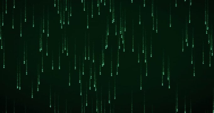 Japanese katakana characters fall in a phosphor green matrix rain animation with a deep mainframe feel.