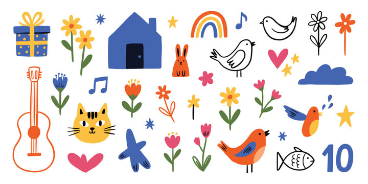Colorful cartoon icons of animals flowers music and objects on white background