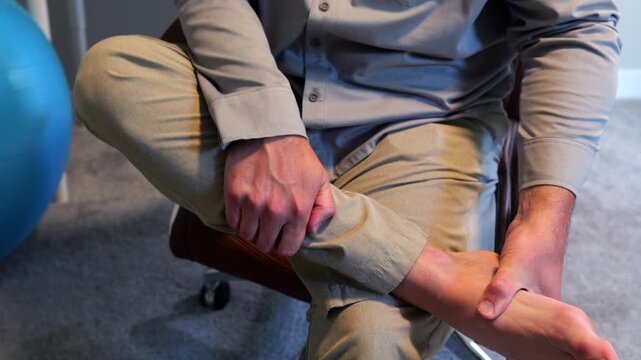 Middle Aged Man IT Band Physical Therapy Standing Desk Exercises Working From Home Remote - Sedentary Office Occupations - Sitting Harms Desk Staff