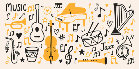 Music instruments and symbols in a colorful artistic illustration composition © Maru