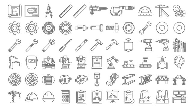 Engineering and industry icons set for construction and manufacturing sectors.