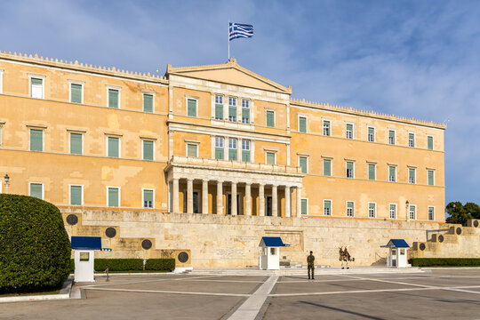 Athens Greek Hellenic Parliament and Tomb of the Unknown Soldier at Syntagma Square in Athens, Greece