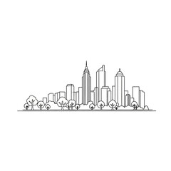 Fototapeta premium Minimalist continuous line drawing of a city skyline with trees.