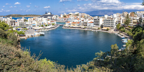 Fototapeta premium Crete island with Agios Nikolaos town panorama vacation at the Aegean Sea on Crete, Greece