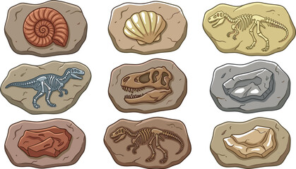 Prehistoric Dinosaur Fossil and Archeology Rock Icon Set with Ammonite Shell, TRex Skull, and Skeleton Remains for Science Museum and Paleontology Designs © Rafika