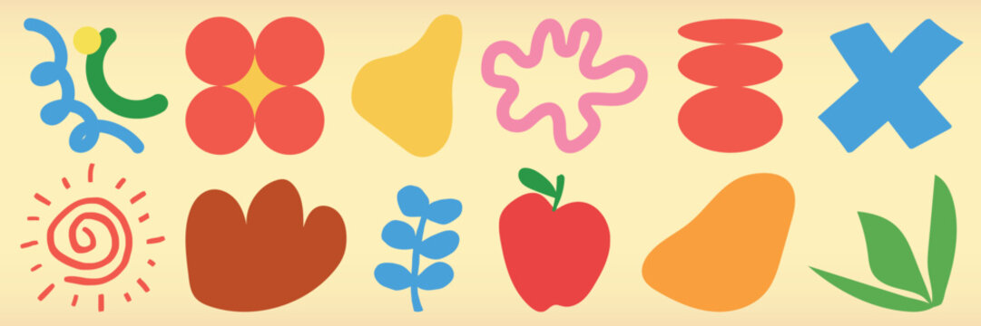 Colorful abstract shapes vector on a beige background, featuring playful designs.