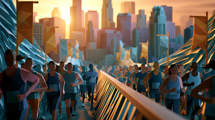 Naklejka premium Handcrafted paper marathon runners crossing a city bridge at sunrise with folded banners and a layered skyline in dynamic motion