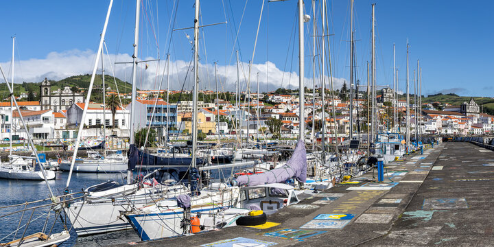 Marina with sailing boats in Horta town on Azores islands panorama on Faial island, Portugal