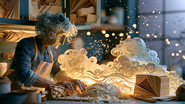 Grandmother baking bread in a cozy kitchen, paper craft illustration with warm family flour clouds and handcrafted handmade details