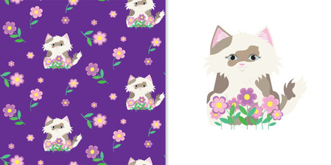 Set of seamless pattern and greeting card, background, wallpaper with fluffy kawaii cat  and flowers. © Olena