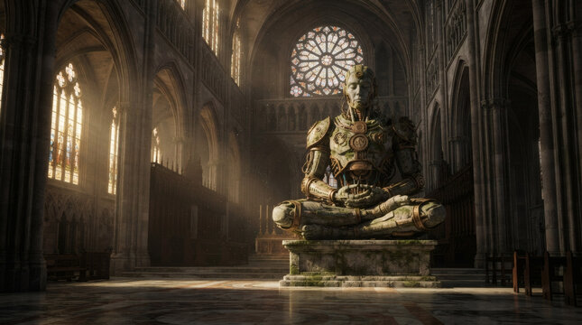 A giant stone and brass android statue meditating inside an ancient marble cathedral. Soft morning sunbeams through high windows, dust motes in the air.
